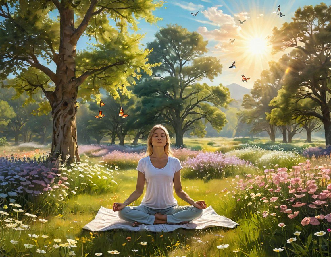 A serene landscape featuring a person meditating in a sunlit meadow, surrounded by blooming flowers and gentle breezes, symbolizing the journey towards happiness and well-being. The sky is filled with warm, pastel colors as sunlight filters through the trees, creating a peaceful atmosphere. Include elements like butterflies and birds to represent joy and freedom. super-realistic. vibrant colors. peaceful ambiance.
