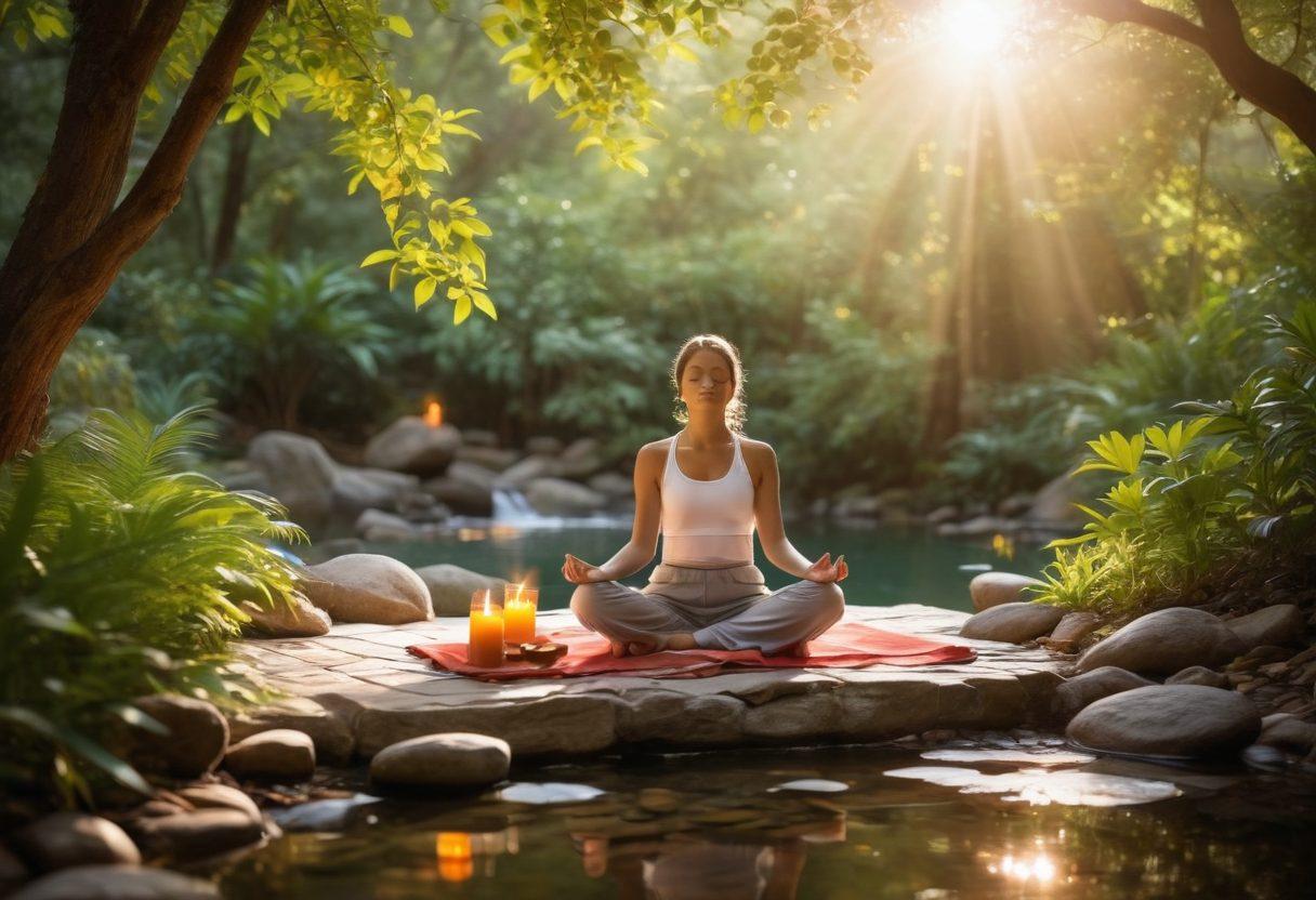 A serene spa scene featuring a person meditating in a tranquil outdoor setting, surrounded by nature with soft sunlight filtering through leaves. Incorporate elements of self-care like candles, essential oils, and a journal nearby. The person should exhibit a peaceful expression, symbolizing inner happiness and calm. Elements of vibrant colors to evoke positivity and tranquility. super-realistic. vibrant colors. natural setting.
