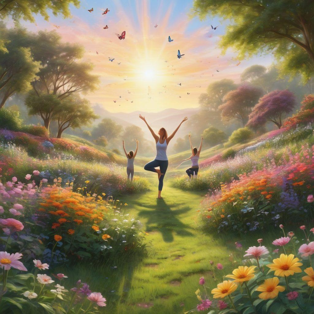 A radiant sun rising over a lush, green landscape filled with vibrant flowers, symbolizing hope and positivity. In the foreground, a diverse group of people joyfully engaging in various uplifting activities like yoga, gardening, and painting. Delicate butterflies fluttering around, adding to the cheerful atmosphere. Soft pastel colors creating a warm and inviting ambiance. super-realistic. vibrant colors. 3D.